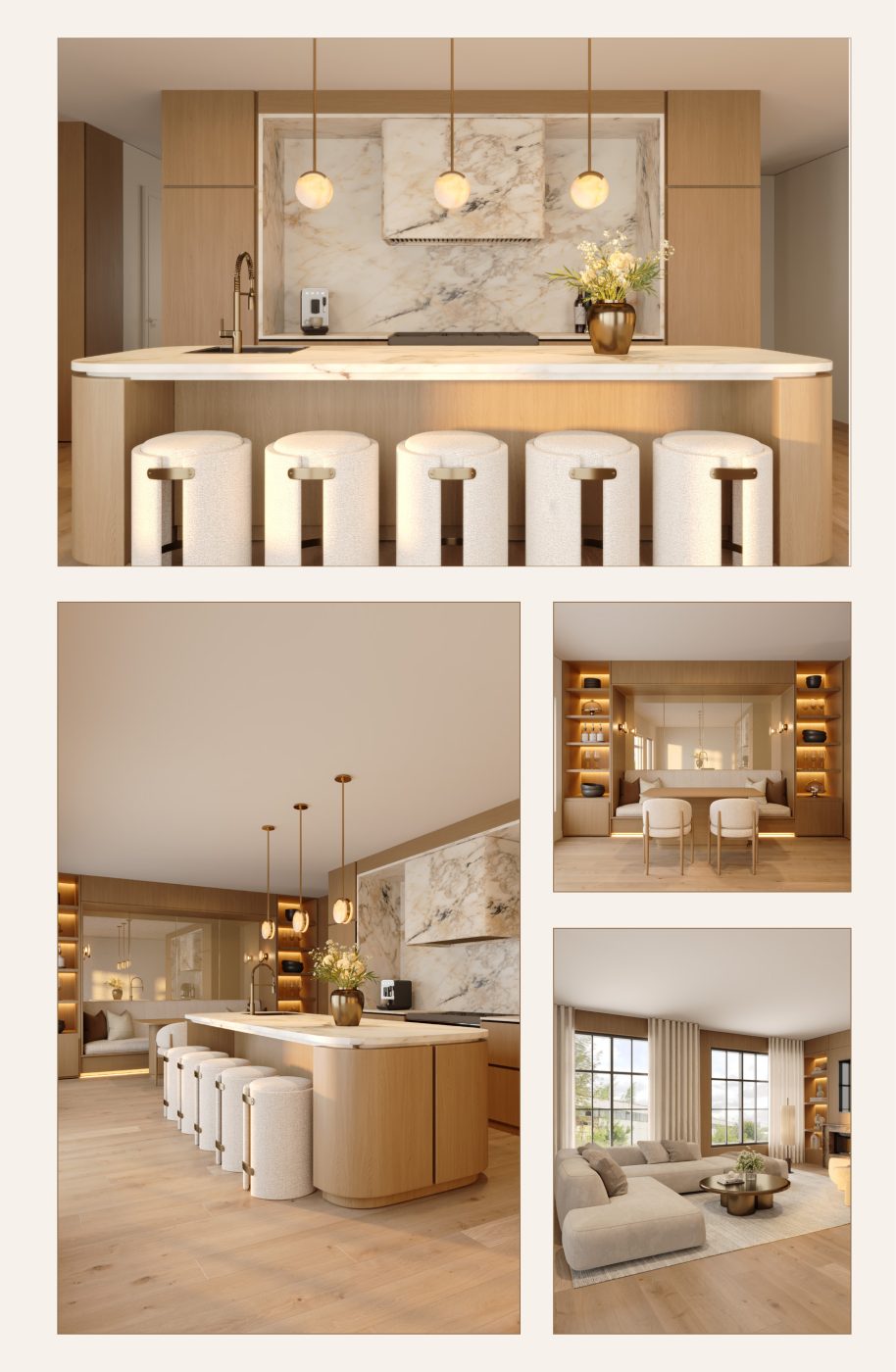 Interior renderings of the kitchen and living spaces