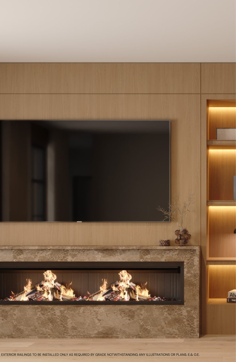 Living room millwork wall with linear fireplace