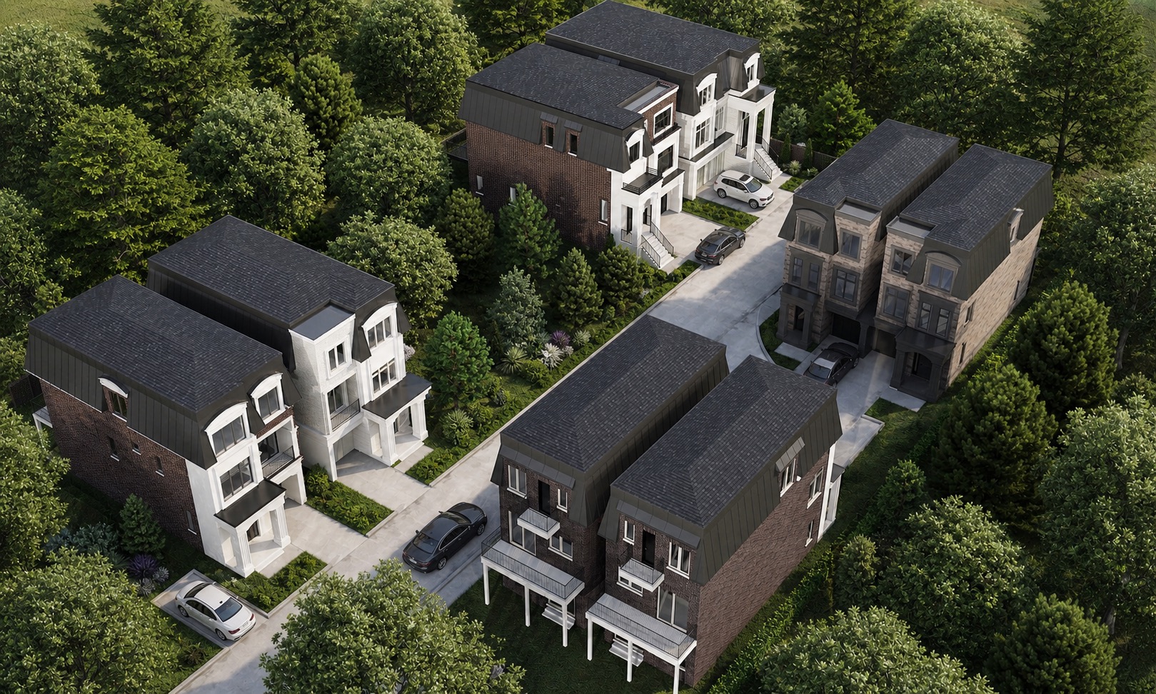 Aerial rendering of King Oak Estates — eight single-family homes on a private lane in a wooded Oak Ridges enclave