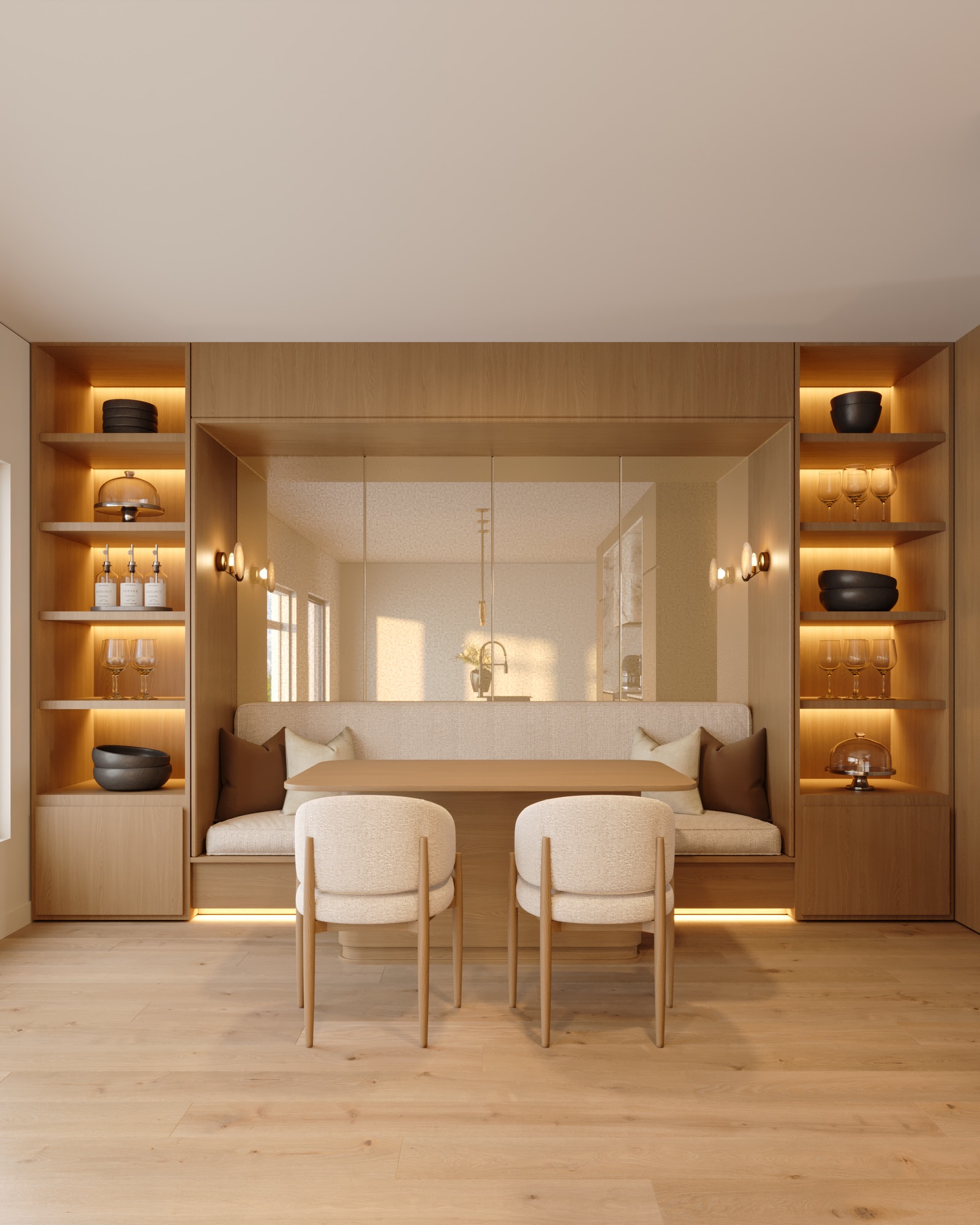 Built-in breakfast banquette framed by lit oak shelving