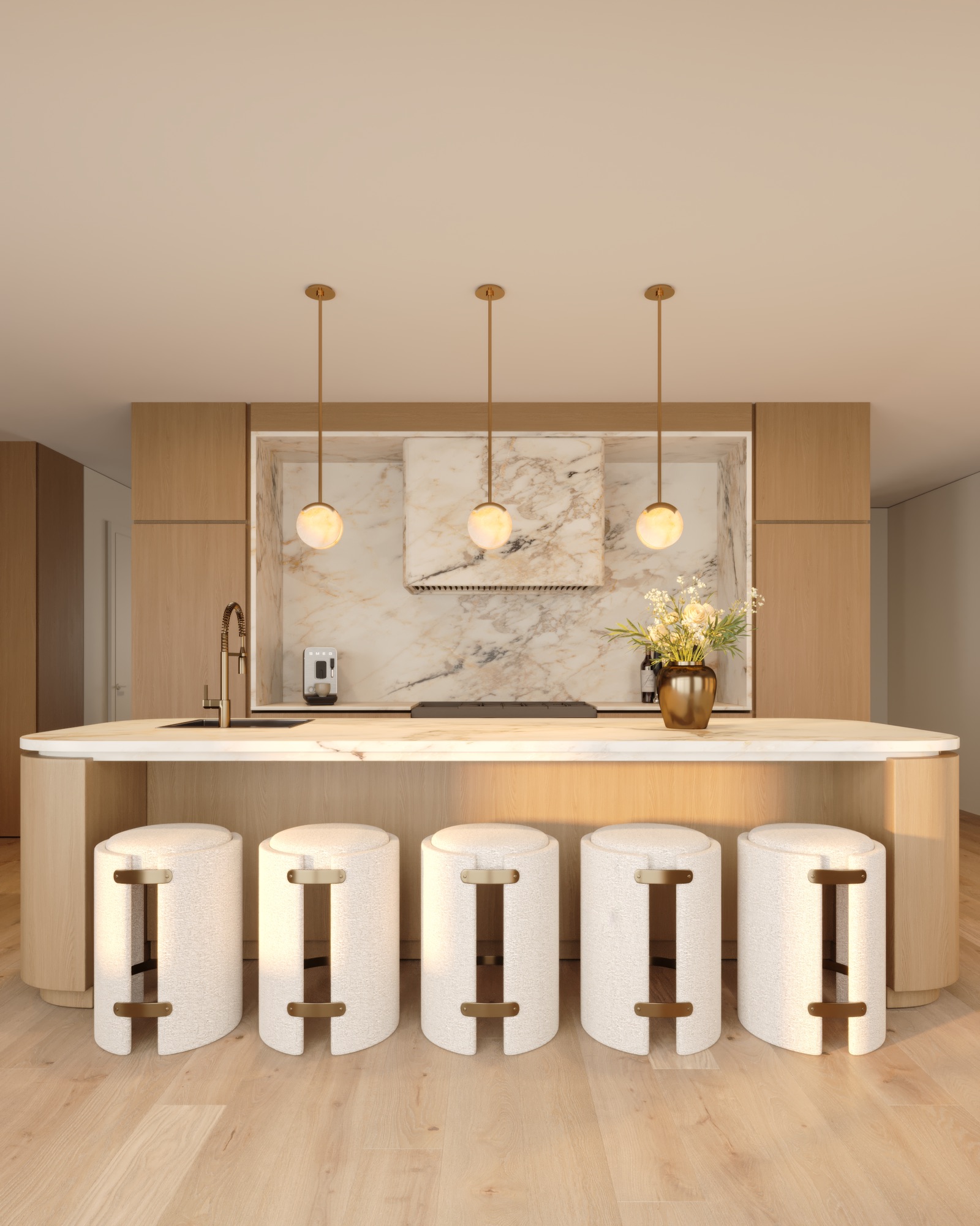 Kitchen with grand oak island, marble range wall, and brass globe pendants