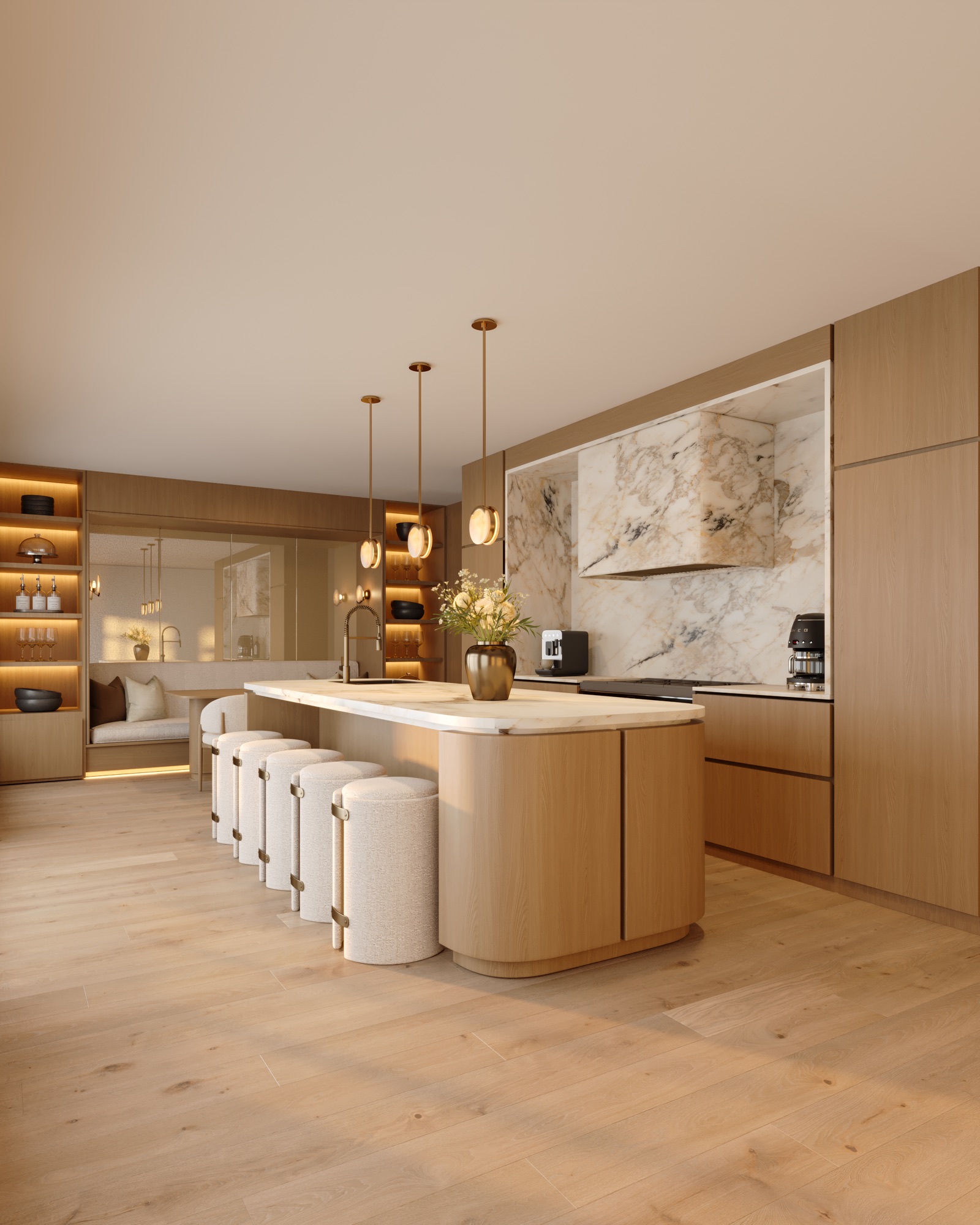 Open kitchen with curved oak island, marble hood, and full-height cabinetry