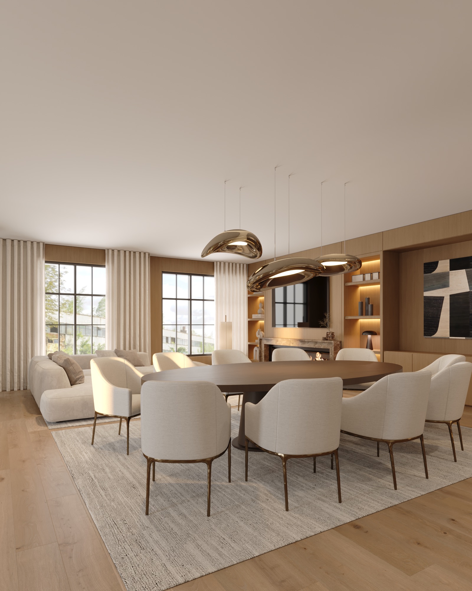 Open living and dining room with oval dining table, sculptural bronze pendants, and linear fireplace