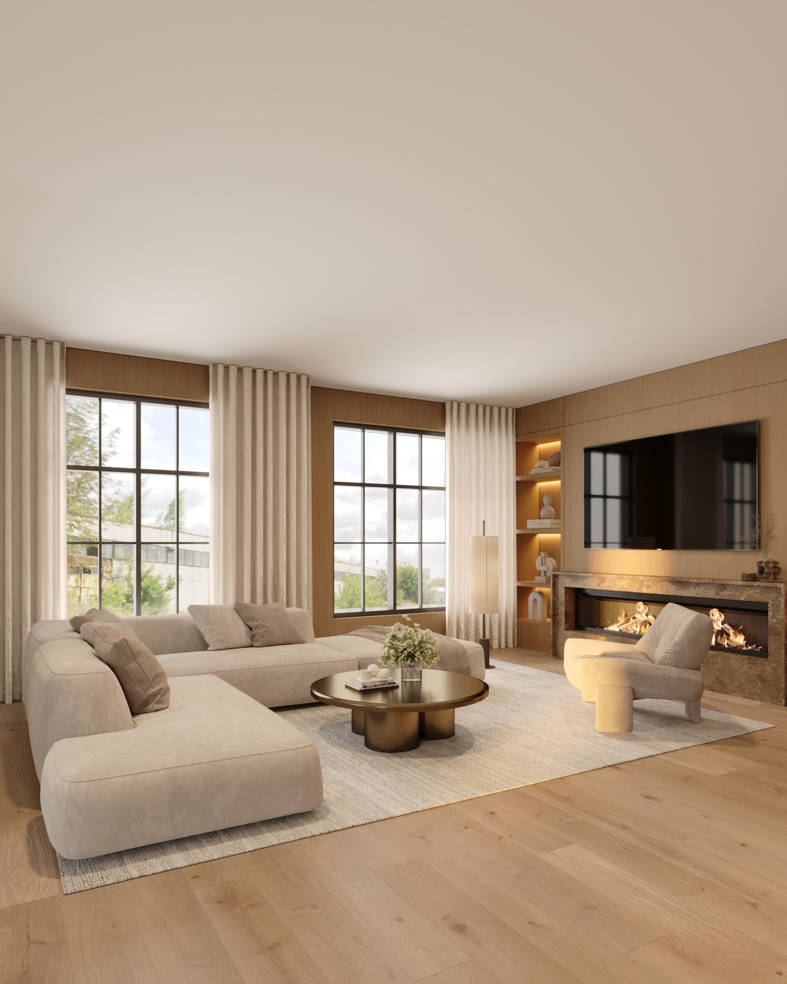 Living room with modular sofa, marble-surround fireplace, and lit millwork shelving