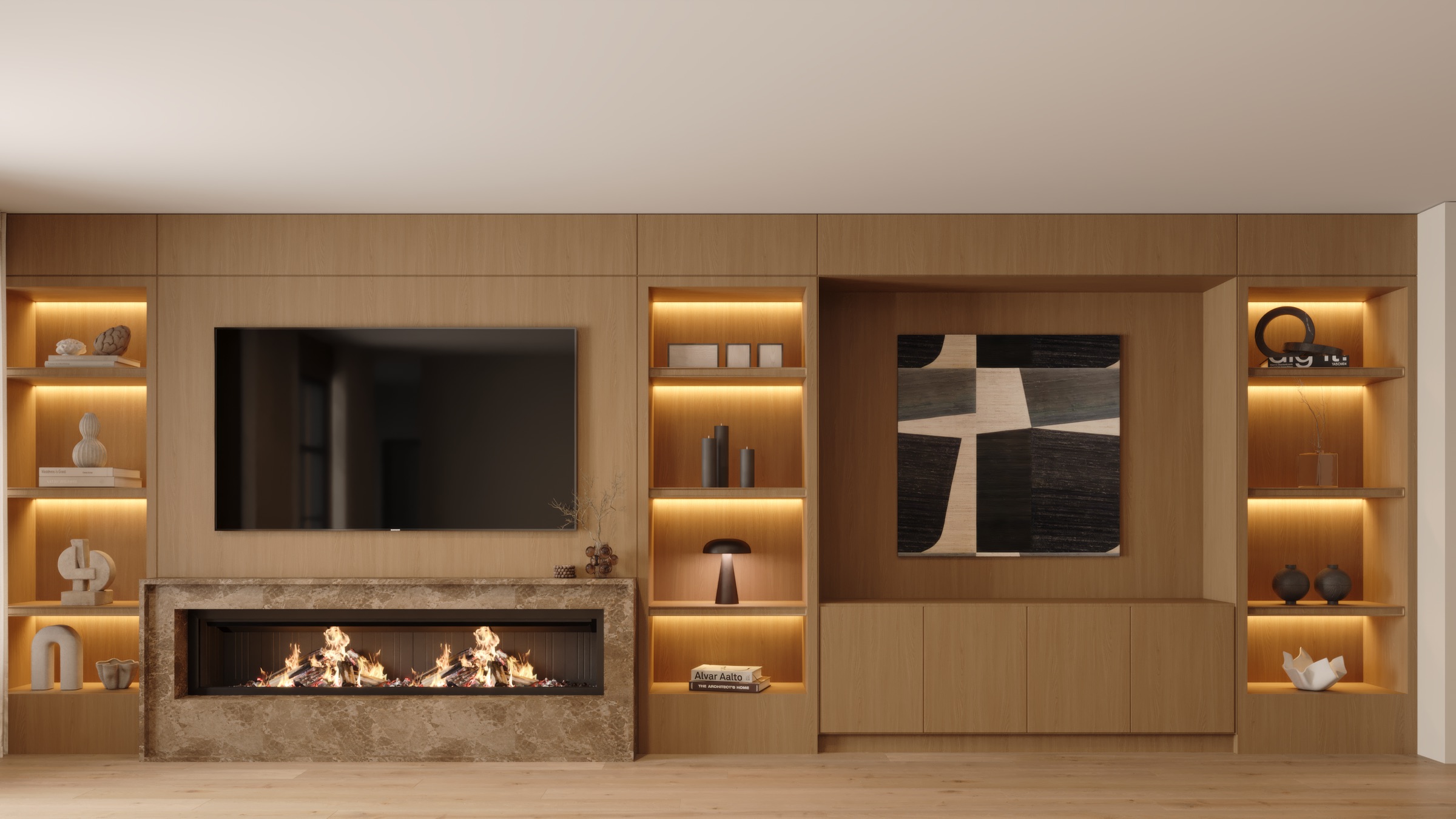 Full-width oak millwork wall with linear fireplace, integrated shelving, and framed art