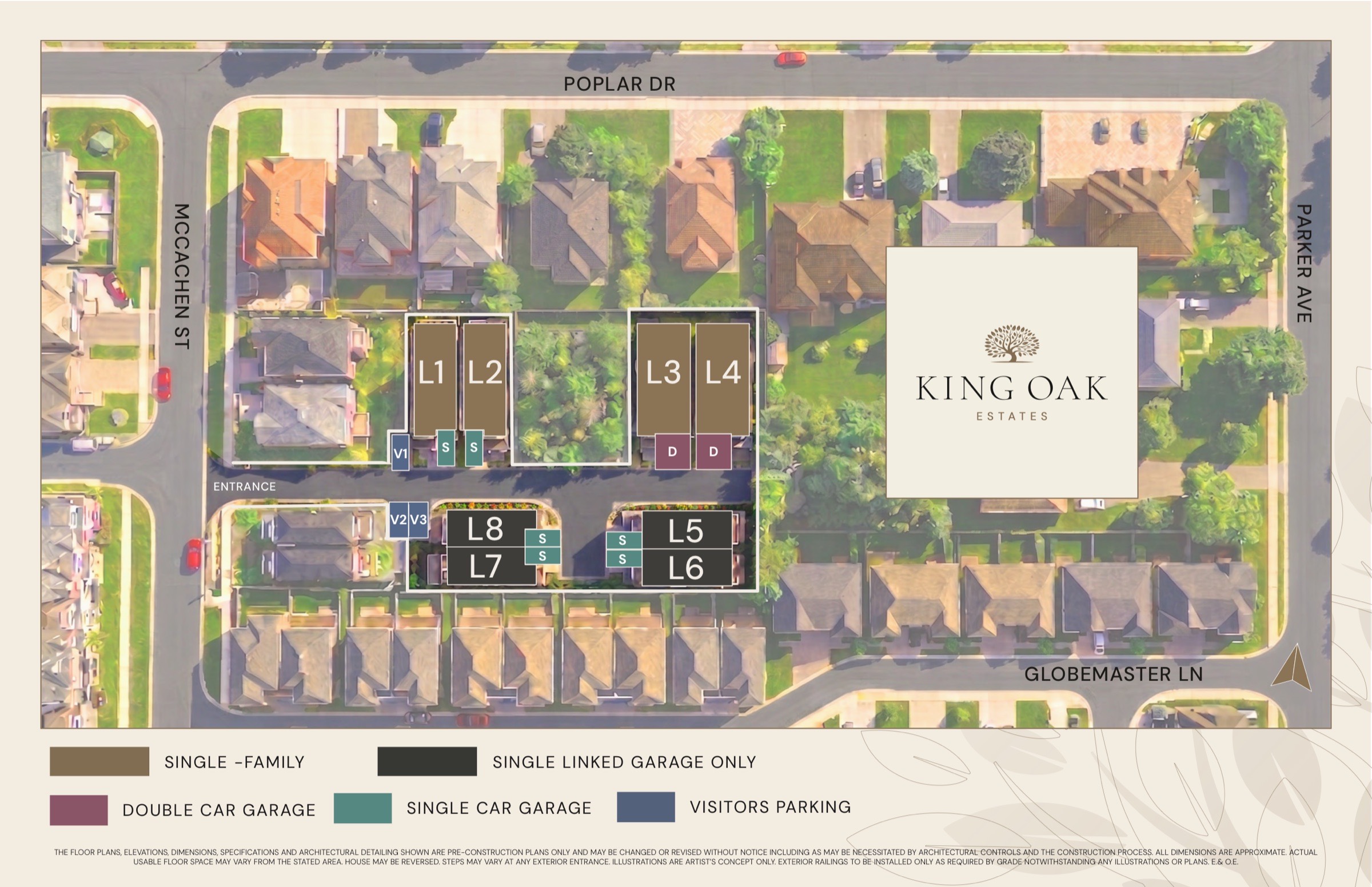 King Oak Estates site plan — lots L1 to L8 off a private entrance on McCachen Street, between Poplar Drive and Globemaster Lane, with visitor parking and single- and double-car garage designations