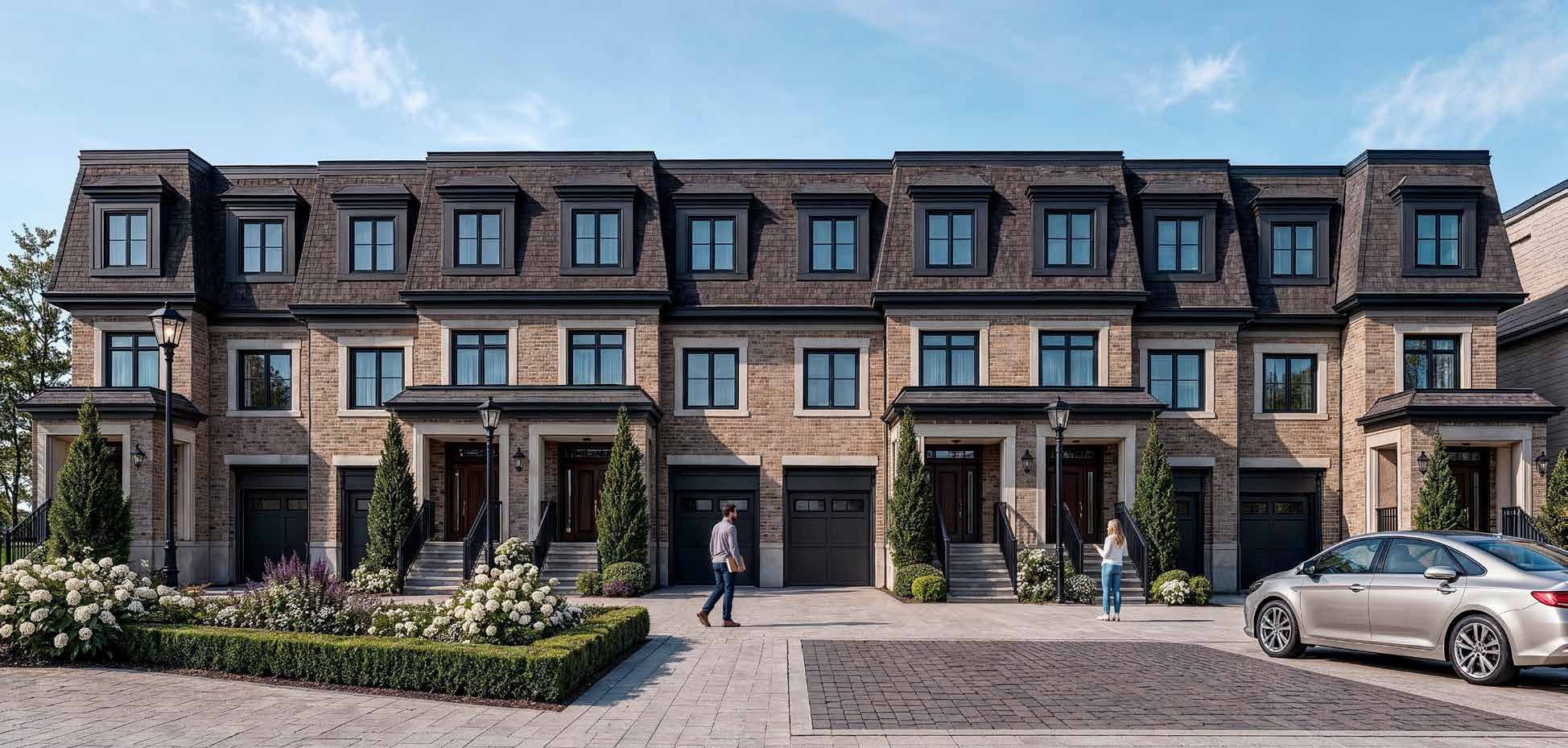 Victorian-inspired townhome block with mansard roof, dormers, brick-and-stone facade and single-car garages