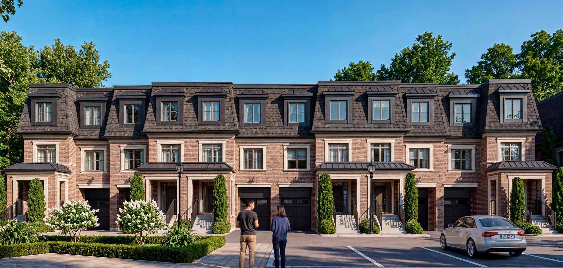 Row of Victorian-inspired townhomes with mansard roofline, arched windows and landscaped front gardens