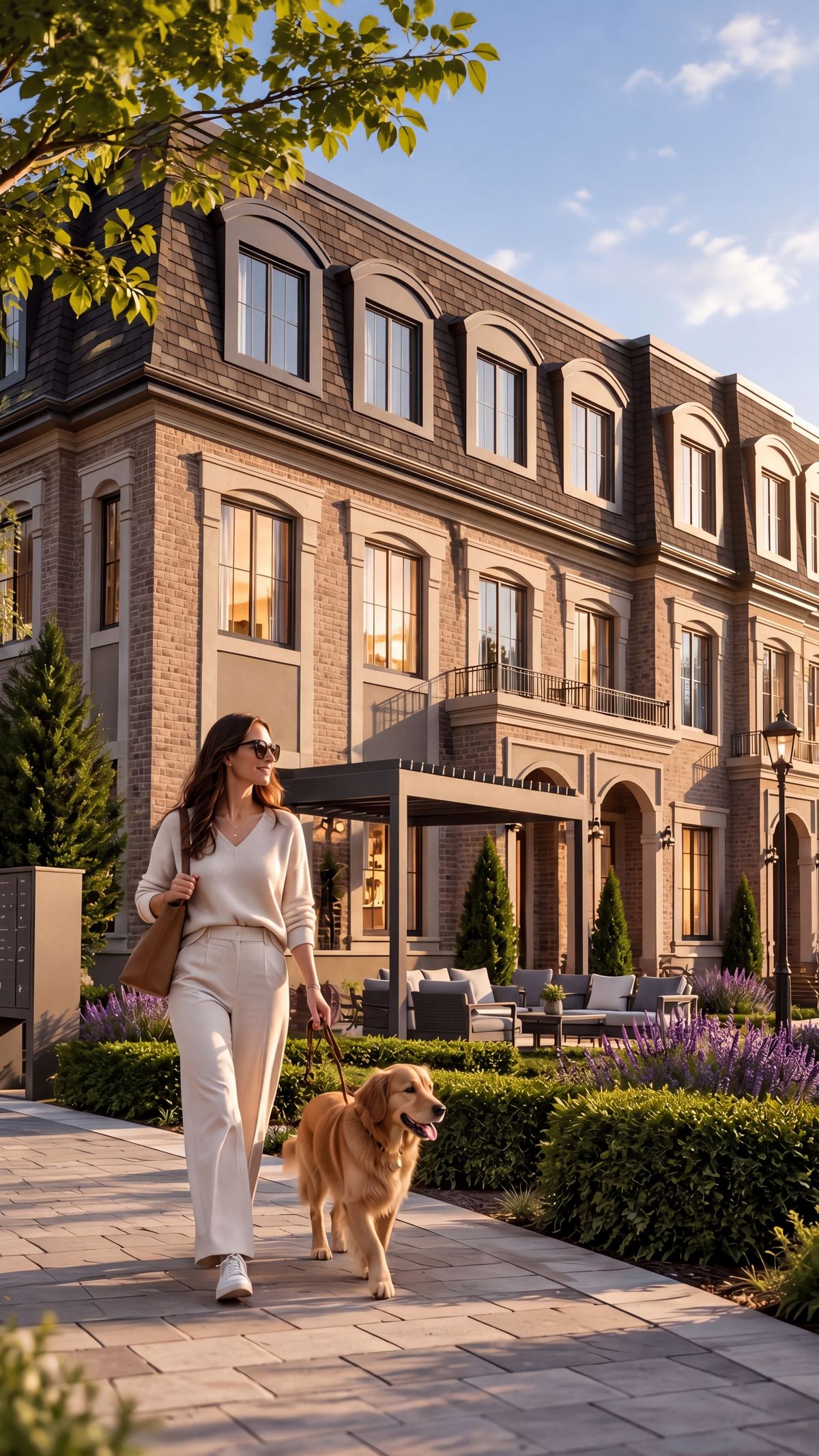 A resident walks her golden retriever along a garden path past Victorian-inspired townhomes at golden hour, with a lounge pergola and lavender beds